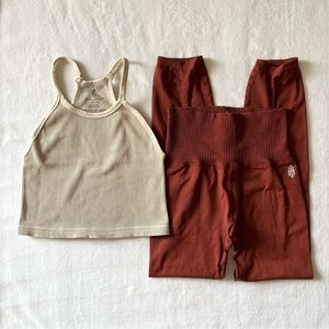Free People Neutral Happiness Runs Crop Top and Good Karma Leggings Set